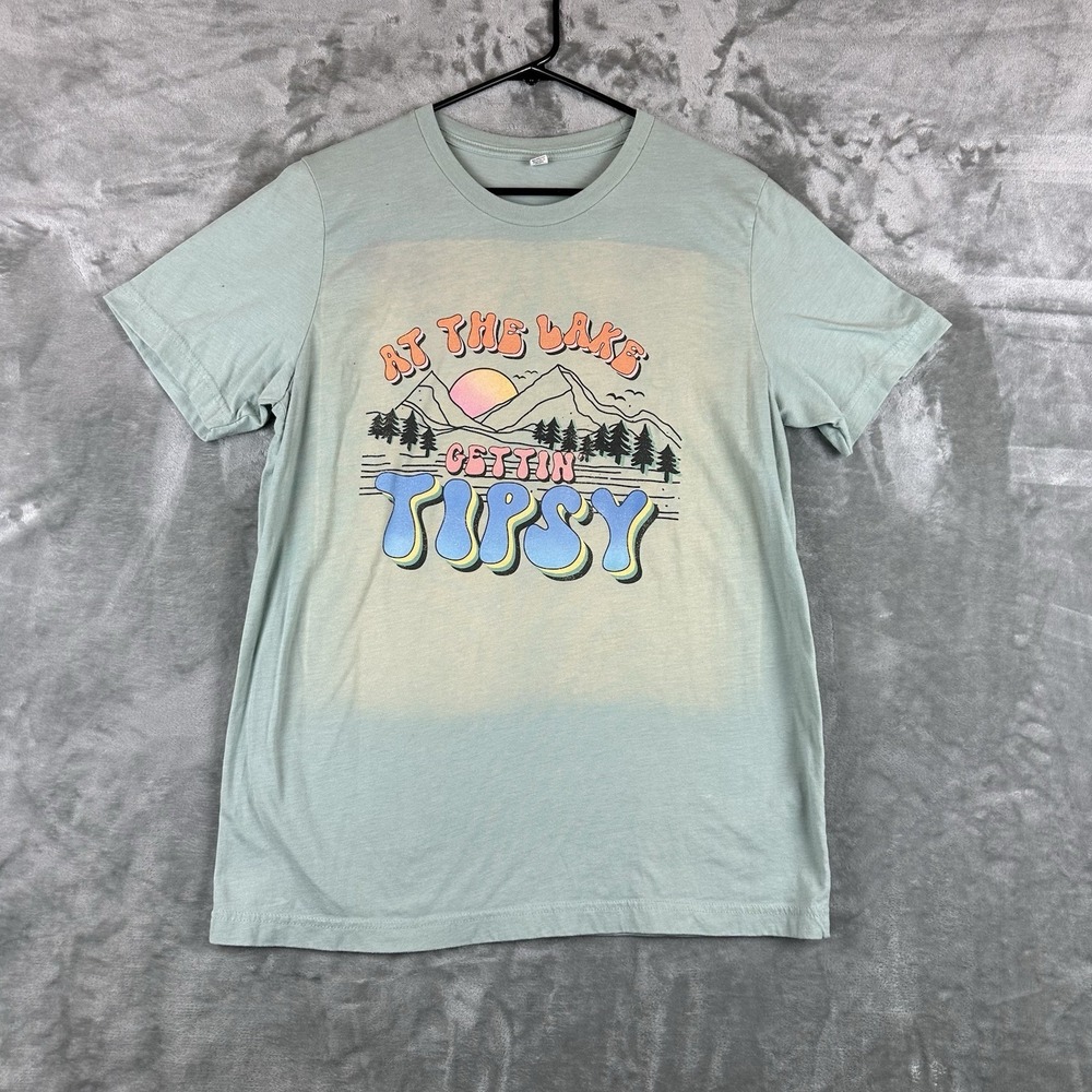 T-Shirt Women's L Heather Mint Green Graphic Print "At the lake gettin' tipsy"
